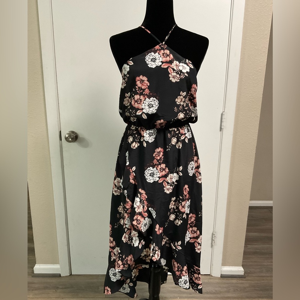 Halter Floral Dress, Black/Pink, Size Small